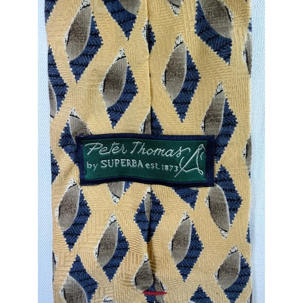 Peter Thomas‎ by Superba Mens Silk Tie Gold Navy Blue Geometric Diamond Pattern